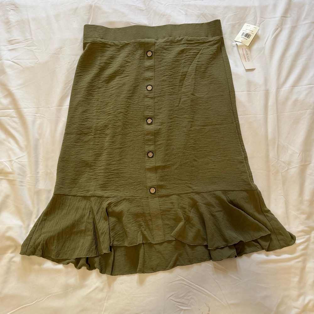 NWT RETROLOGY Olive Green Button-Front Ruffle Hem Skirt SIZE L